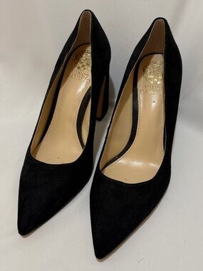 Vince Camuto Black Suede Pointed Block Heel Pumps